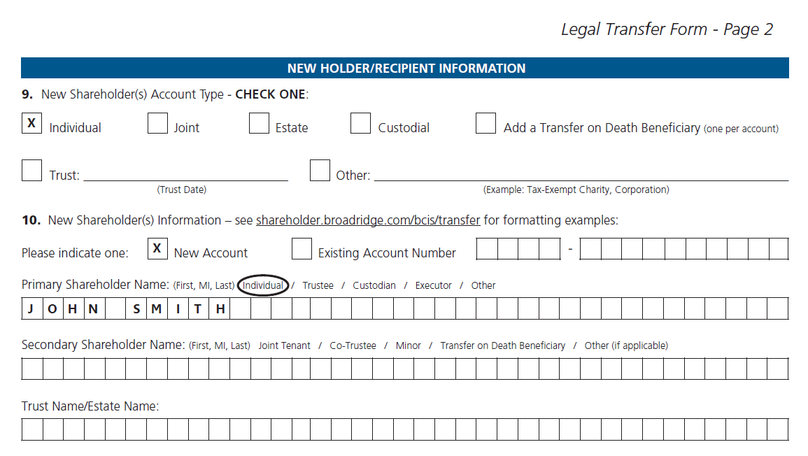 Form example. Forms of transfer. Form to transfer. Shareholder register. Recipient com